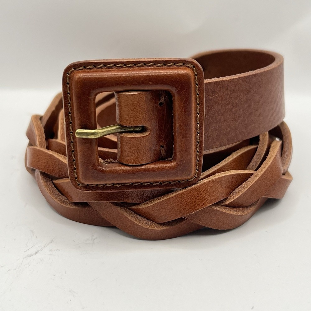 Sundance Italian Genuine Leather Braided Belt Square Buckle L Brown Boho Chic